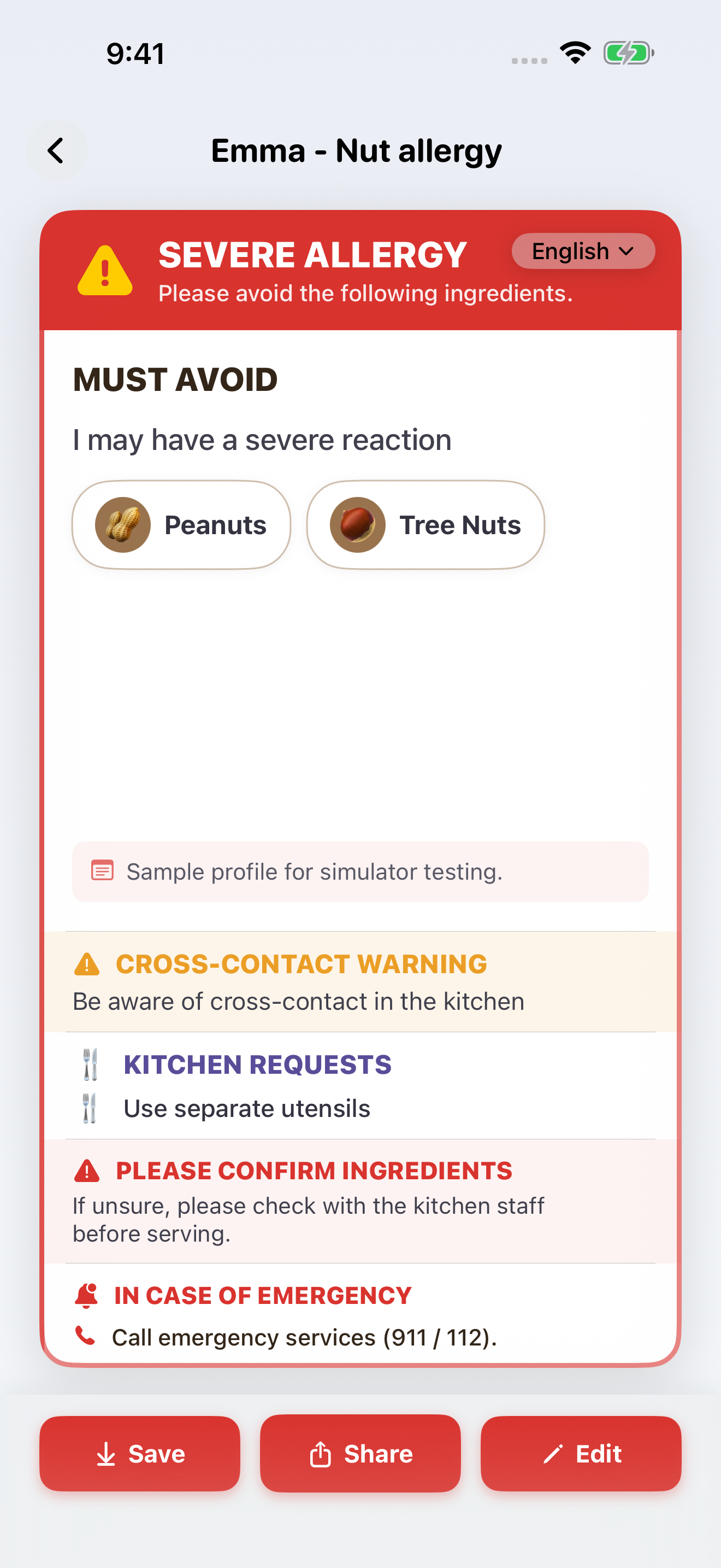 AllergyCard iPhone Screenshot